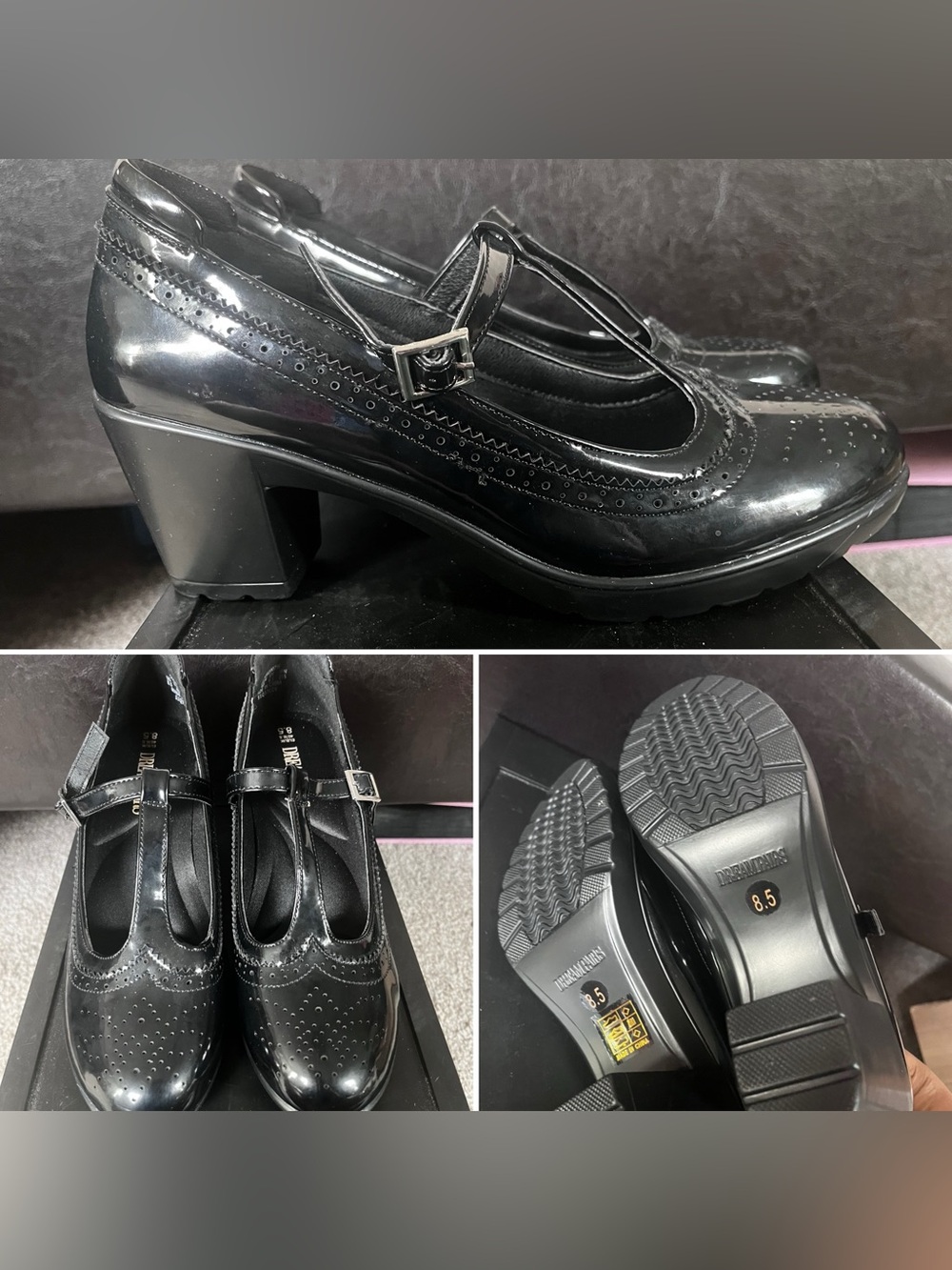 Dream Pairs Black Patent T-Strap Block Heel Shoes